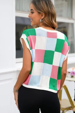 Fashion Dear-Lover Color Block Cap Sleeve Sweater Dark Green