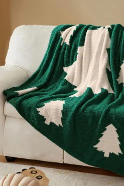 Fashion Dear-Lover Colorblock Christmas Tree Printed Blanket Dark Green