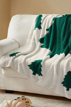 Fashion Dear-Lover Colorblock Christmas Tree Printed Blanket Dark Green