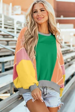 Online Dear-Lover Colorblock Patchwork Exposed Stitching Oversize Top Dark Green