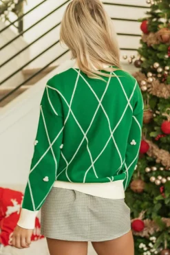 Discount Dear-Lover Diamond Pattern Pom Accents Contrast Trim High Neck Sweater Dark Green