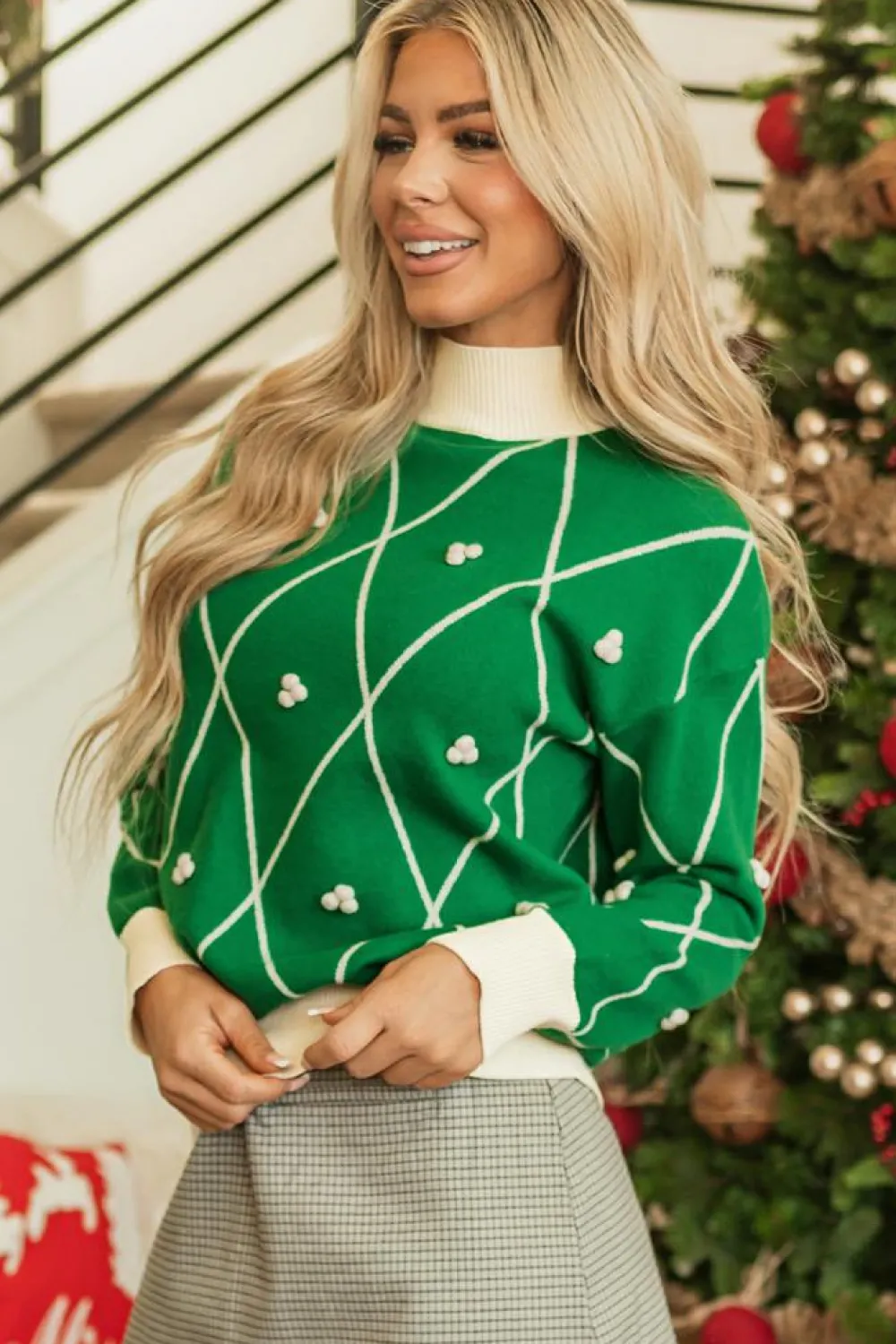 Discount Dear-Lover Diamond Pattern Pom Accents Contrast Trim High Neck Sweater Dark Green