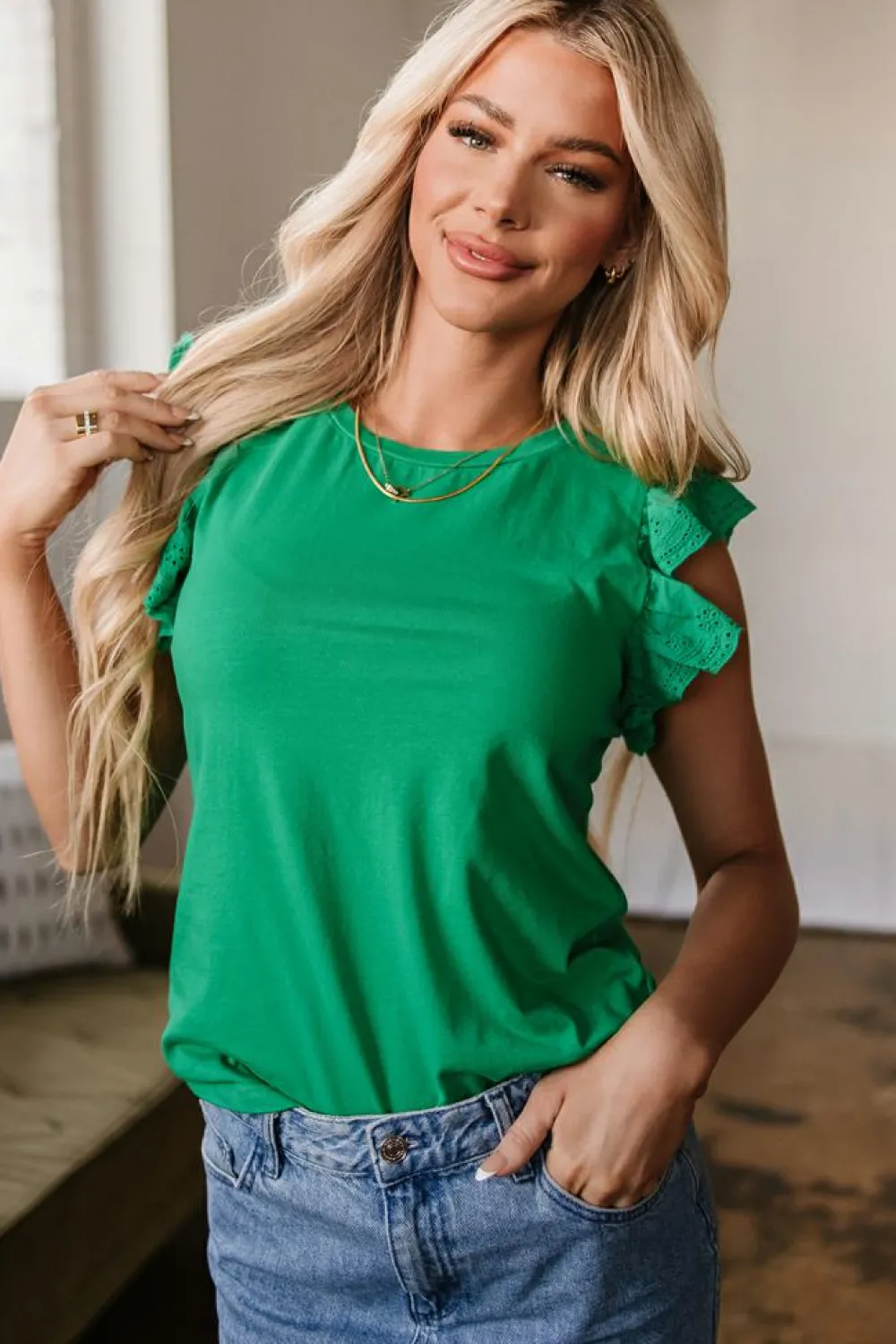 Outlet Dear-Lover Embroidered Ruffled Sleeve Slim Fit Crew Neck Top Dark Green