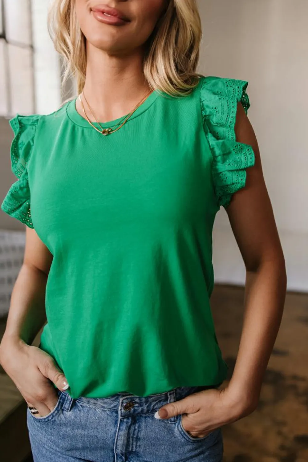 Outlet Dear-Lover Embroidered Ruffled Sleeve Slim Fit Crew Neck Top Dark Green