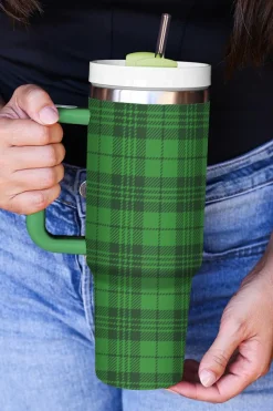 Online Dear-Lover Plaid Print Handle Stainless Vacuum Cup 40oz Dark Green