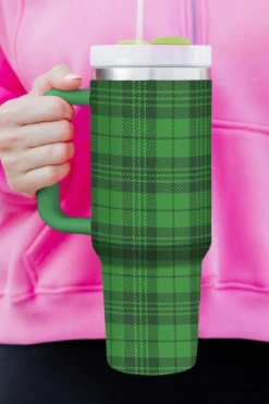 Online Dear-Lover Plaid Print Handle Stainless Vacuum Cup 40oz Dark Green