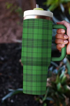 Online Dear-Lover Plaid Print Handle Stainless Vacuum Cup 40oz Dark Green