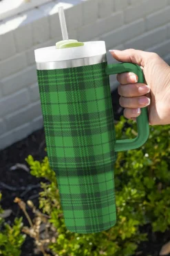 Online Dear-Lover Plaid Print Handle Stainless Vacuum Cup 40oz Dark Green