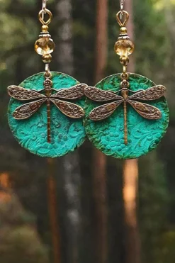 Online Dear-Lover Retro Dragonfly Hook Drop Earrings Dark Green