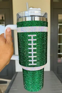 New Dear-Lover Rhinestone Rugby Football Handle Vacuum Cup 40oz Dark Green