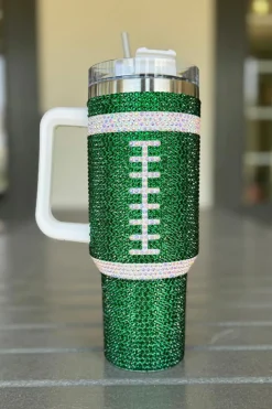 New Dear-Lover Rhinestone Rugby Football Handle Vacuum Cup 40oz Dark Green