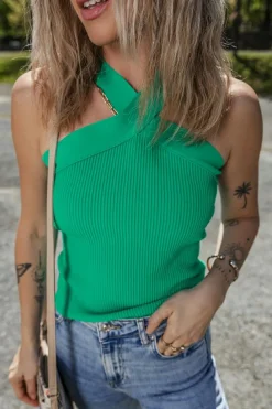 Discount Dear-Lover Ribbed Criss Cross Halter Neck Sheath Sweater Tank Top Dark Green