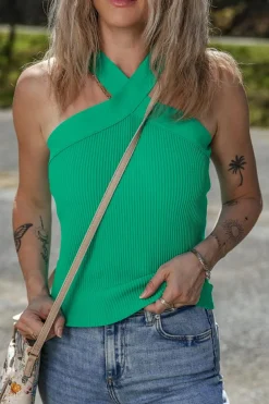 Discount Dear-Lover Ribbed Criss Cross Halter Neck Sheath Sweater Tank Top Dark Green