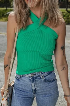 Discount Dear-Lover Ribbed Criss Cross Halter Neck Sheath Sweater Tank Top Dark Green