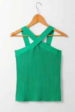 Discount Dear-Lover Ribbed Criss Cross Halter Neck Sheath Sweater Tank Top Dark Green