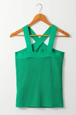Discount Dear-Lover Ribbed Criss Cross Halter Neck Sheath Sweater Tank Top Dark Green