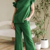 Online Dear-Lover Ruffled Sleeve Summer Top and Cropped Loose Pants Set Dark Green