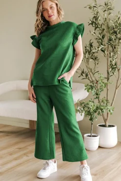 Online Dear-Lover Ruffled Sleeve Summer Top and Cropped Loose Pants Set Dark Green