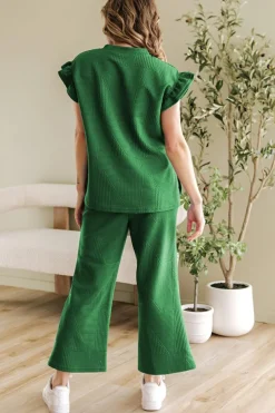 Online Dear-Lover Ruffled Sleeve Summer Top and Cropped Loose Pants Set Dark Green