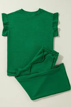 Online Dear-Lover Ruffled Sleeve Summer Top and Cropped Loose Pants Set Dark Green