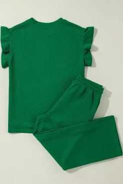 Online Dear-Lover Ruffled Sleeve Summer Top and Cropped Loose Pants Set Dark Green