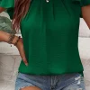 Clearance Dear-Lover Solid Color Textured Pleated Flutter Sleeve Blouse Dark Green