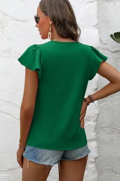 Clearance Dear-Lover Solid Color Textured Pleated Flutter Sleeve Blouse Dark Green