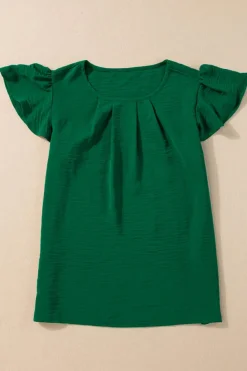 Clearance Dear-Lover Solid Color Textured Pleated Flutter Sleeve Blouse Dark Green