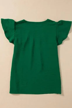 Clearance Dear-Lover Solid Color Textured Pleated Flutter Sleeve Blouse Dark Green