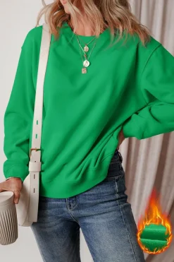 Outlet Dear-Lover Solid Fleece Lined Drop Shoulder Terry Sweatshirt Dark Green