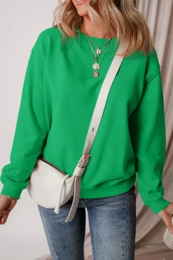 Outlet Dear-Lover Solid Fleece Lined Drop Shoulder Terry Sweatshirt Dark Green