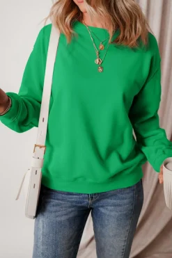 Outlet Dear-Lover Solid Fleece Lined Drop Shoulder Terry Sweatshirt Dark Green