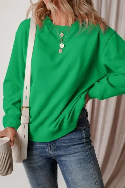 Outlet Dear-Lover Solid Fleece Lined Drop Shoulder Terry Sweatshirt Dark Green