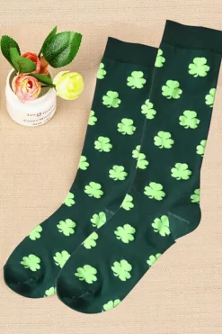 Hot Dear-Lover St Patricks Clover Print Tube Socks Dark Green