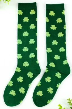 Hot Dear-Lover St Patricks Clover Print Tube Socks Dark Green