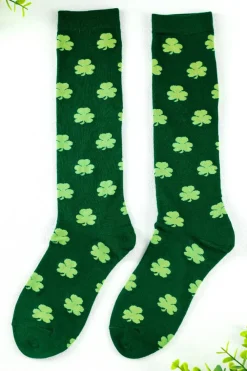 Hot Dear-Lover St Patricks Clover Print Tube Socks Dark Green
