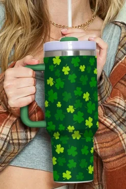 Hot Dear-Lover St. Patricks Shamrock Print Handle Vacuum Cup 1200ml Dark Green