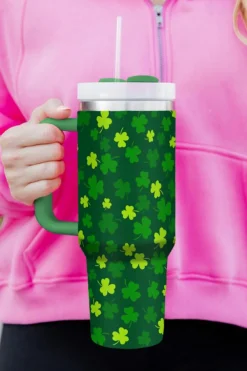 Hot Dear-Lover St. Patricks Shamrock Print Handle Vacuum Cup 1200ml Dark Green
