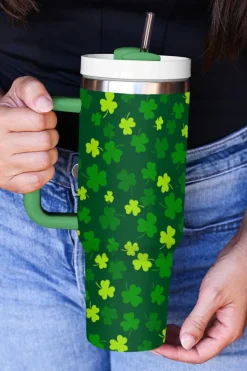 Hot Dear-Lover St. Patricks Shamrock Print Handle Vacuum Cup 1200ml Dark Green
