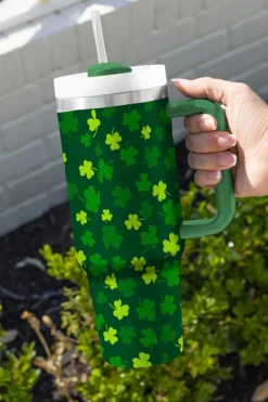Hot Dear-Lover St. Patricks Shamrock Print Handle Vacuum Cup 1200ml Dark Green