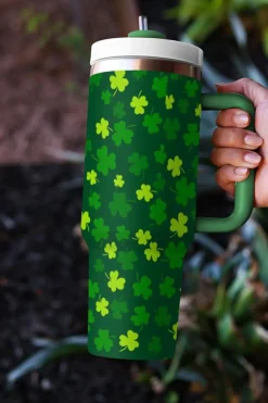 Hot Dear-Lover St. Patricks Shamrock Print Handle Vacuum Cup 1200ml Dark Green