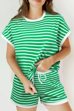 Best Dear-Lover Striped Cap Sleeve Tee and Shorts Set Dark Green