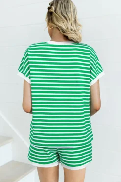 Best Dear-Lover Striped Cap Sleeve Tee and Shorts Set Dark Green