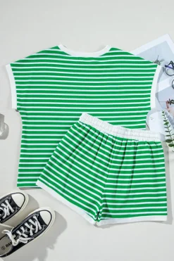 Best Dear-Lover Striped Cap Sleeve Tee and Shorts Set Dark Green