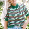 New Dear-Lover Striped Pattern Contrast Trim Pointelle Knit T Shirt Dark Green