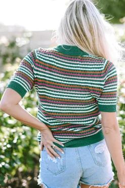 New Dear-Lover Striped Pattern Contrast Trim Pointelle Knit T Shirt Dark Green