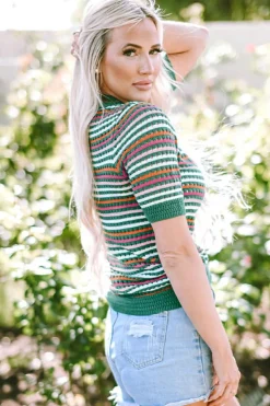 New Dear-Lover Striped Pattern Contrast Trim Pointelle Knit T Shirt Dark Green