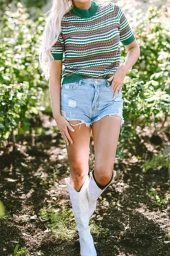 New Dear-Lover Striped Pattern Contrast Trim Pointelle Knit T Shirt Dark Green