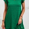 Clearance Dear-Lover Textured Flutter Sleeve Ruffled Mini Dress Dark Green
