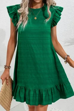 Clearance Dear-Lover Textured Flutter Sleeve Ruffled Mini Dress Dark Green